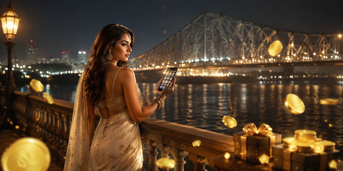 Woman enjoying Andar Bahar game online while wearing a traditional saree in Kolkata